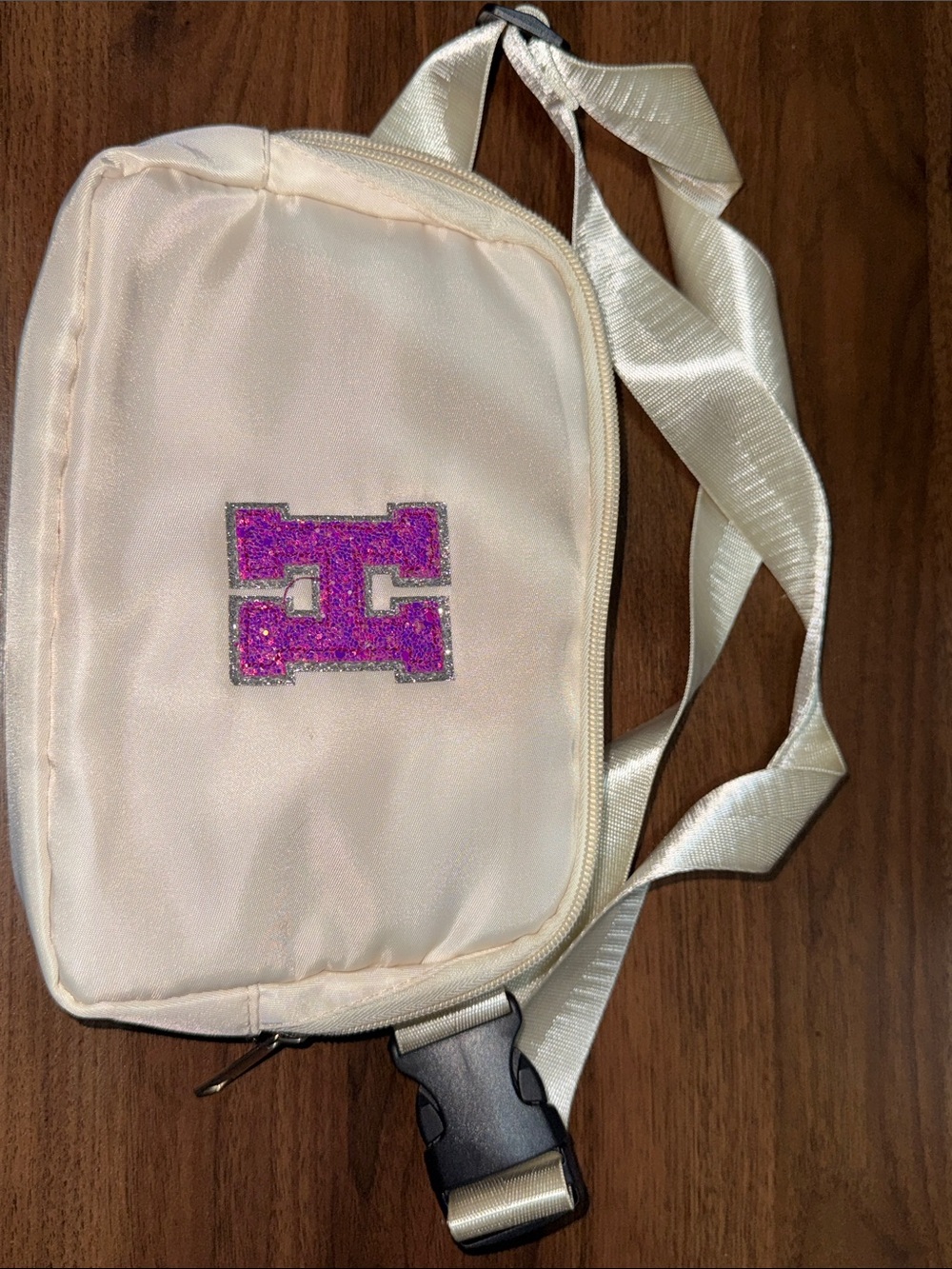 Cream Crossbody Bag with Pink Glitter Accent